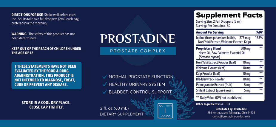 Image of the official Prostadine label, detailing natural ingredients such as seaweed extracts and Saw Palmetto, and the nutritional information of the supplement for prostate health.