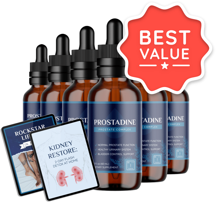 "Best Value" kit with six bottles of Prostadine and two free bonus e-books, ensuring maximum support for prostate health.